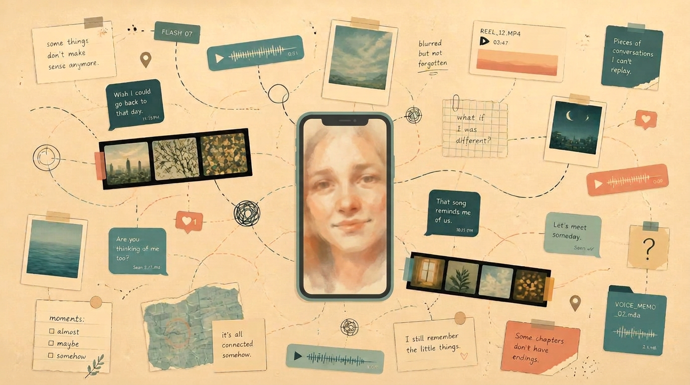 Scattered photographs, letters, film negatives, a phone showing text and voice messages, and handwritten notes laid out in a warm, cluttered flat lay